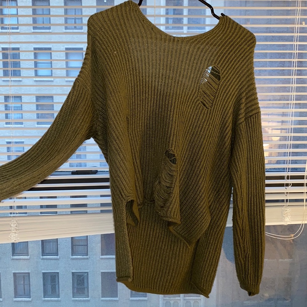 Hooded, ripped green sweater